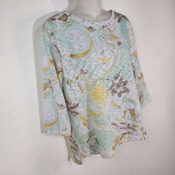 Chicos Top Womens Size 0 Small Mint Green Ivory Floral Sheer Knit 3/4 Sleeve - Picture 6 of 10